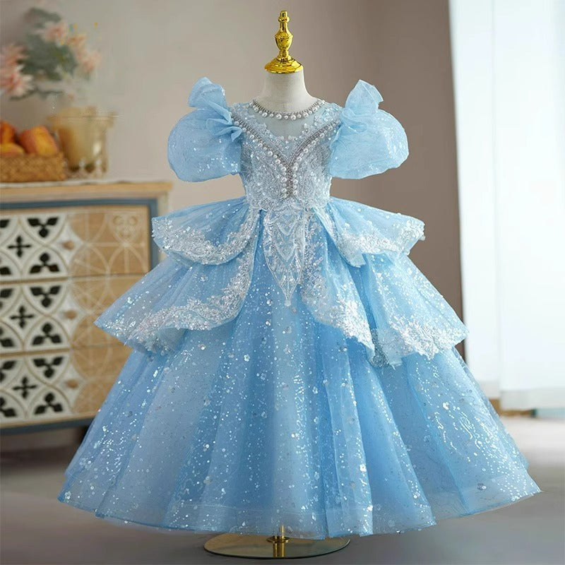Light Blue Sequined Princess Dress for Girls | Puffy Tiered Holiday Gown