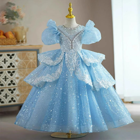 Light Blue Sequined Princess Dress for Girls | Puffy Tiered Holiday Gown