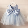 Light Blue Sleeveless Ball Gown for Girls, Tea Length Satin and Tulle Dress with Bow