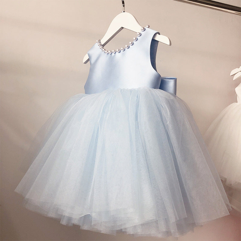 Light Blue Ball Gown for Girls – Tea Length Satin & Tulle Flower Girl Dress