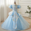 Light Blue Tiered Princess Dress with Beaded Appliqué and Cascading Ruffles