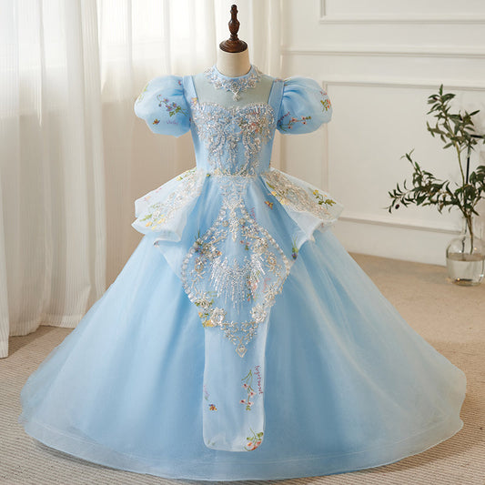 Light Blue Princess Dress for Girls - Tiered Ruffle Flower Girl Gown with Beads & Sequins