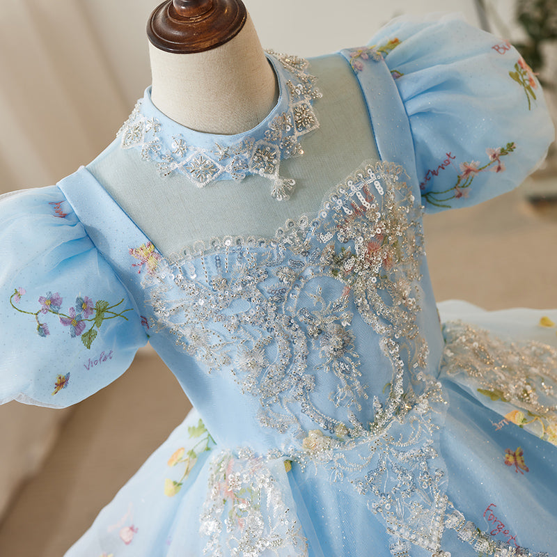 Light Blue Princess Dress for Girls - Tiered Ruffle Flower Girl Gown with Beads & Sequins