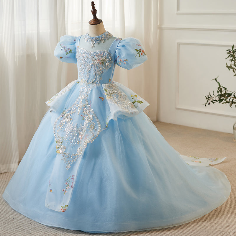 Light Blue Princess Dress for Girls - Tiered Ruffle Flower Girl Gown with Beads & Sequins