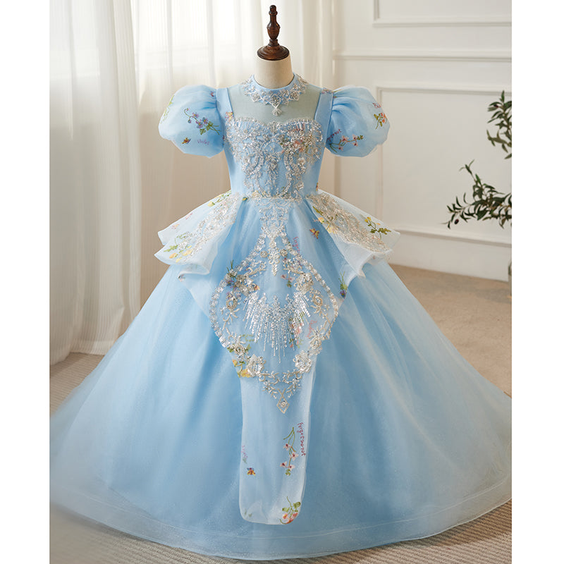 Light Blue Princess Dress for Girls - Tiered Ruffle Flower Girl Gown with Beads & Sequins