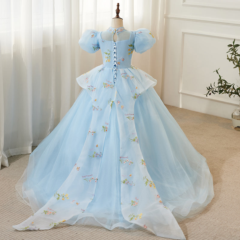 Light Blue Princess Dress for Girls - Tiered Ruffle Flower Girl Gown with Beads & Sequins