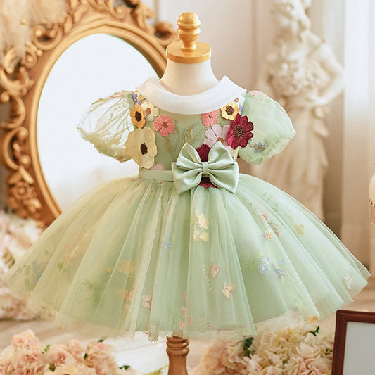 Light Green Princess Tulle Dress with Lace & Floral Details for Girls