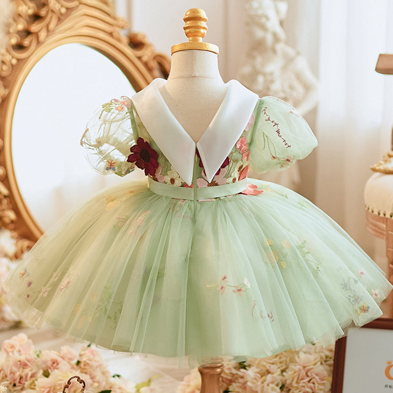 Light Green Princess Tulle Dress with Lace & Floral Details for Girls