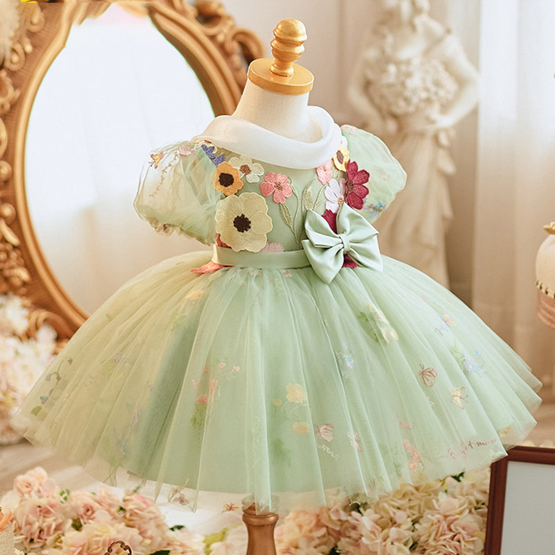 Light Green Princess Tulle Dress with Lace & Floral Details for Girls