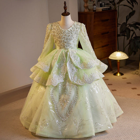 Light Green Princess Sequin Beaded Long Sleeve Dress for Girls (3-12 Years)