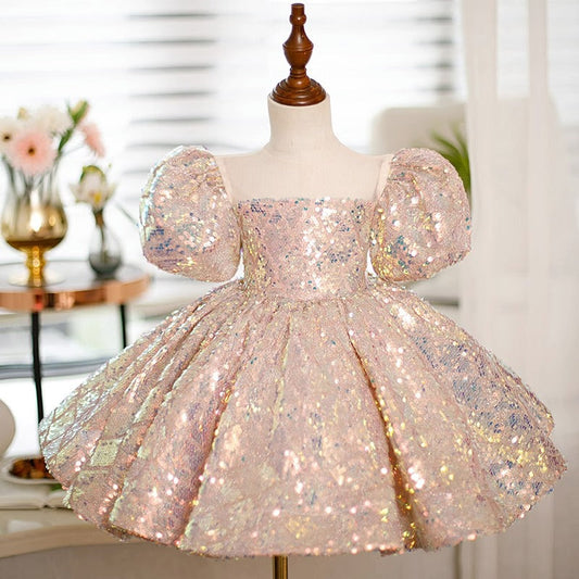Light Pink Sequin Princess Dress for Girls – Square Neck, Short Sleeve, Knee Length
