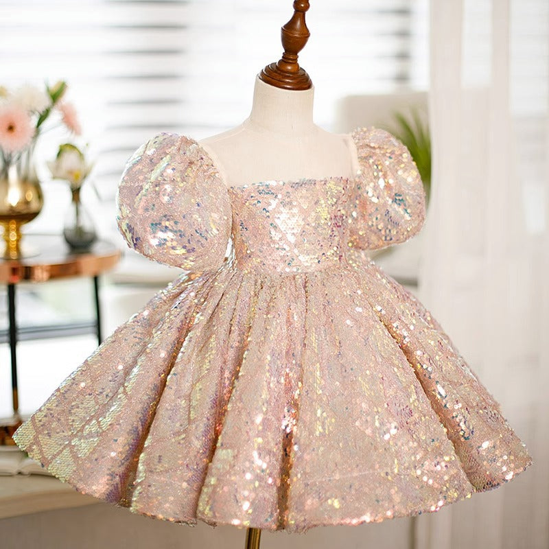 Light Pink Sequin Princess Dress for Girls – Square Neck, Short Sleeve, Knee Length