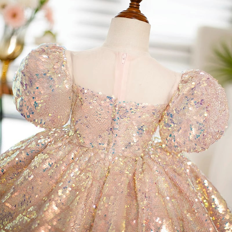 Light Pink Sequin Princess Dress for Girls – Square Neck, Short Sleeve, Knee Length