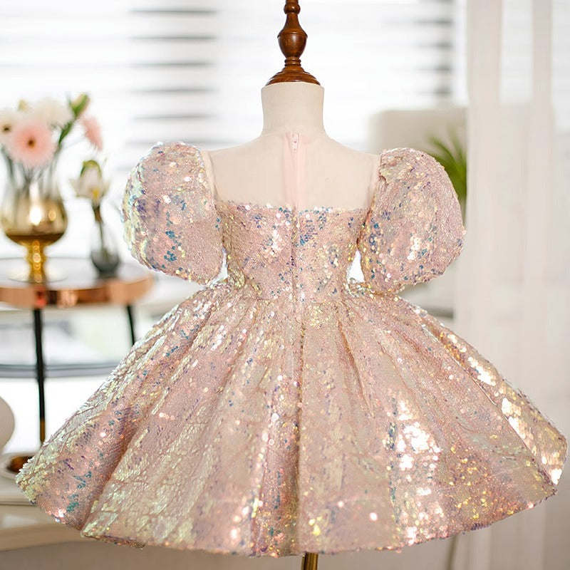 Light Pink Sequin Princess Dress for Girls – Square Neck, Short Sleeve, Knee Length