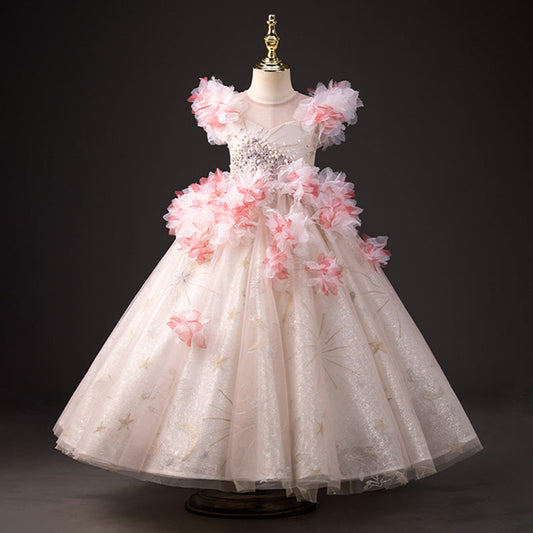 Light Pink Princess Dress for Girls Floor Length Tulle Party Gown (Ages 3-10)
