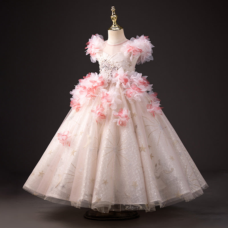 Light Pink Princess Dress for Girls Floor Length Tulle Party Gown (Ages 3-10)