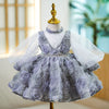 Lilac Lace A-Line Flower Girl Dress with Long Puff Sleeves