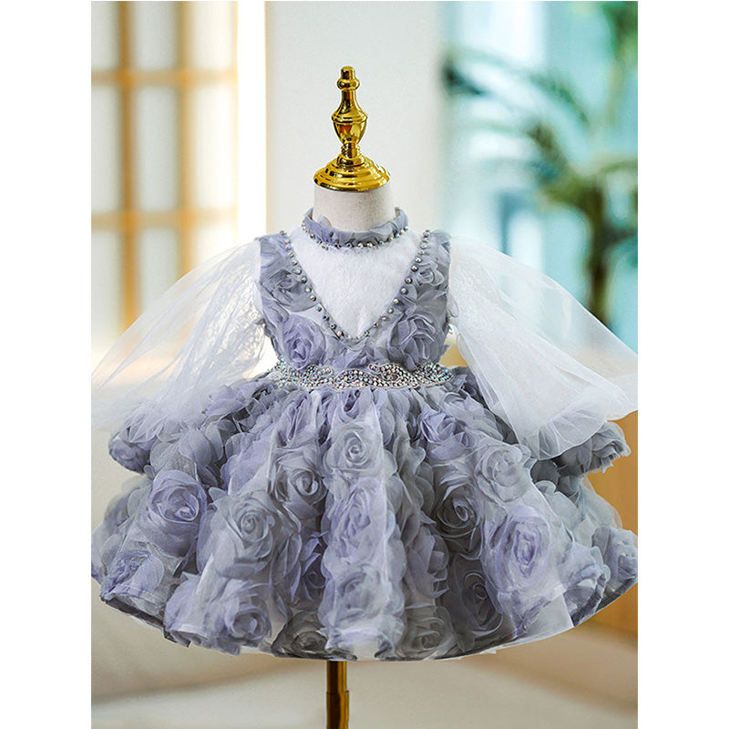 Lilac Lace A-Line Flower Girl Dress with Long Puff Sleeves