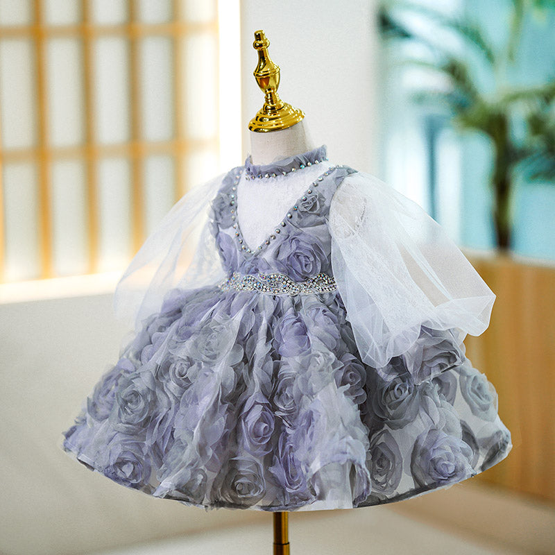 Lilac Lace A-Line Flower Girl Dress with Long Puff Sleeves