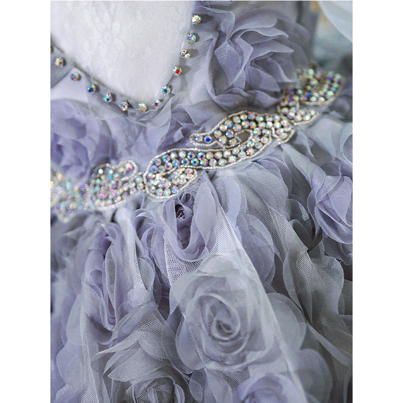 Lilac Lace A-Line Flower Girl Dress with Long Puff Sleeves