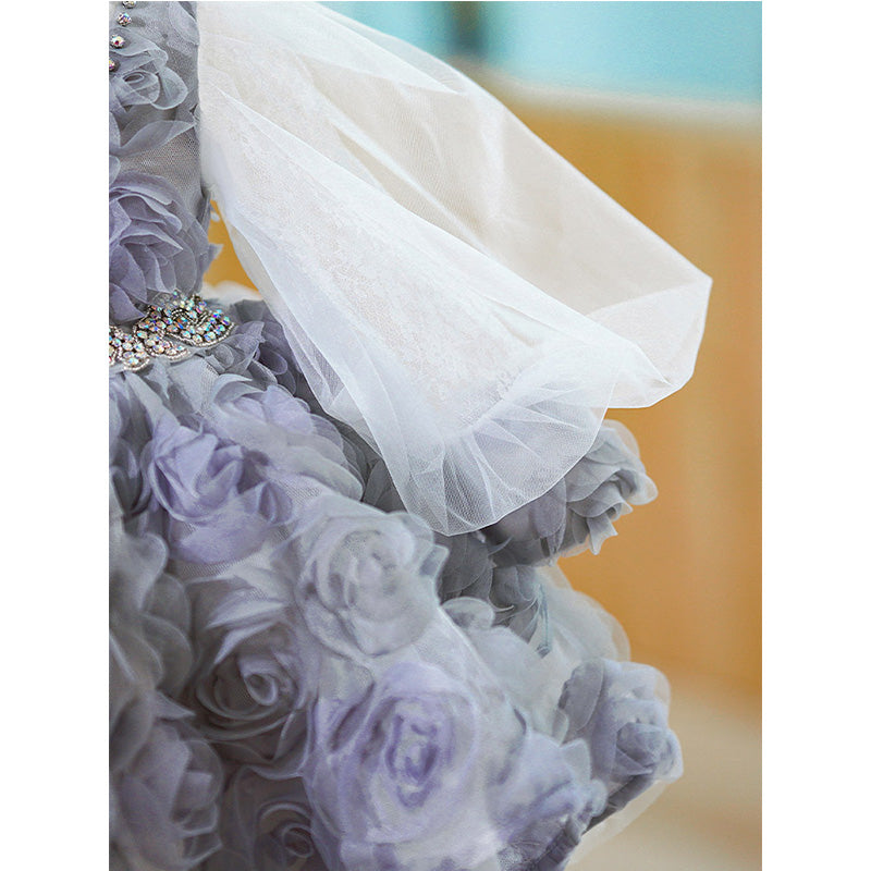 Lilac Lace A-Line Flower Girl Dress with Long Puff Sleeves