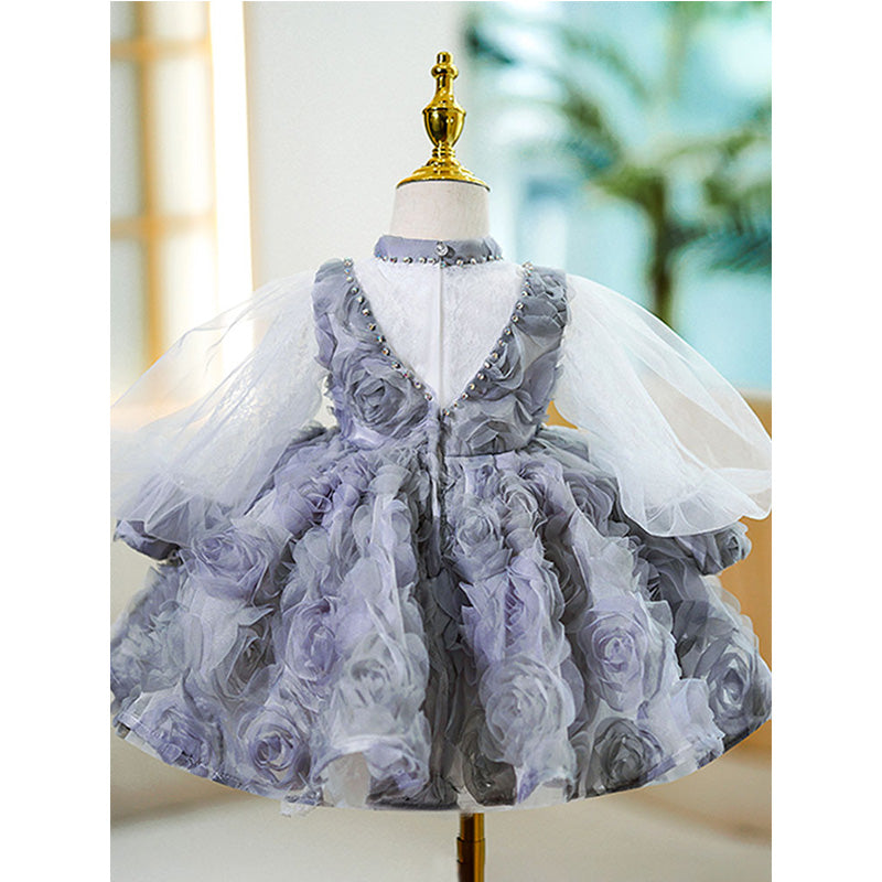 Lilac Lace A-Line Flower Girl Dress with Long Puff Sleeves