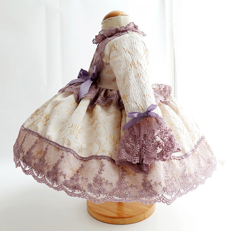 Lilac Lace Princess Flower Girl Dress with Mock Neck & Long Sleeves