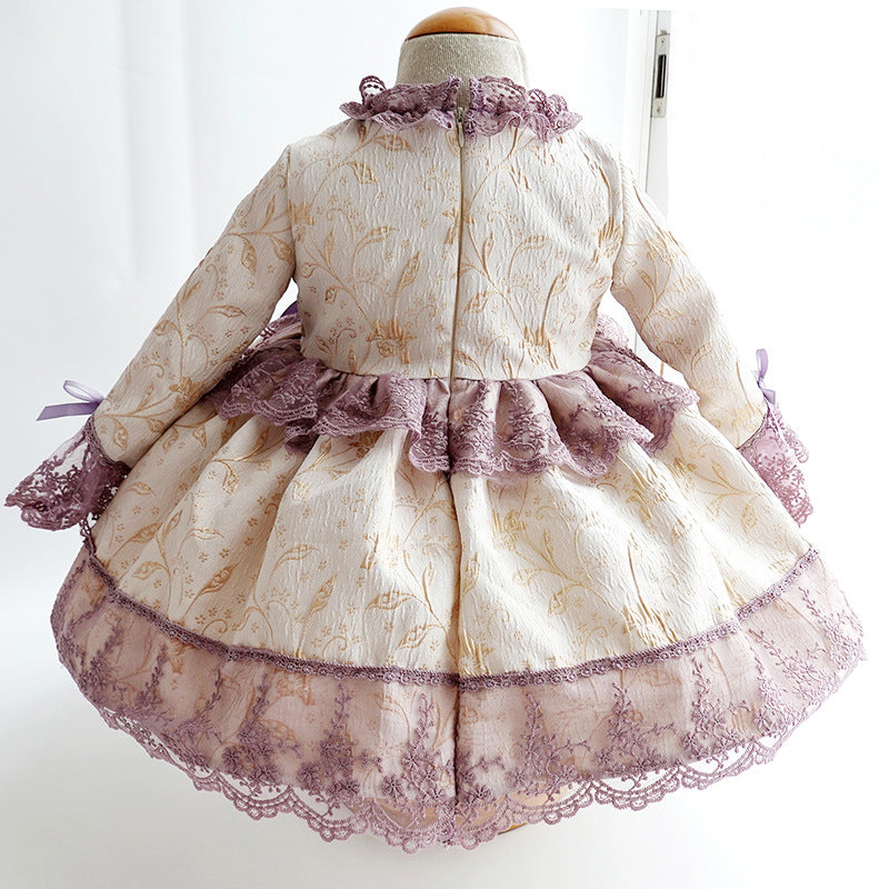 Lilac Lace Princess Flower Girl Dress with Mock Neck & Long Sleeves