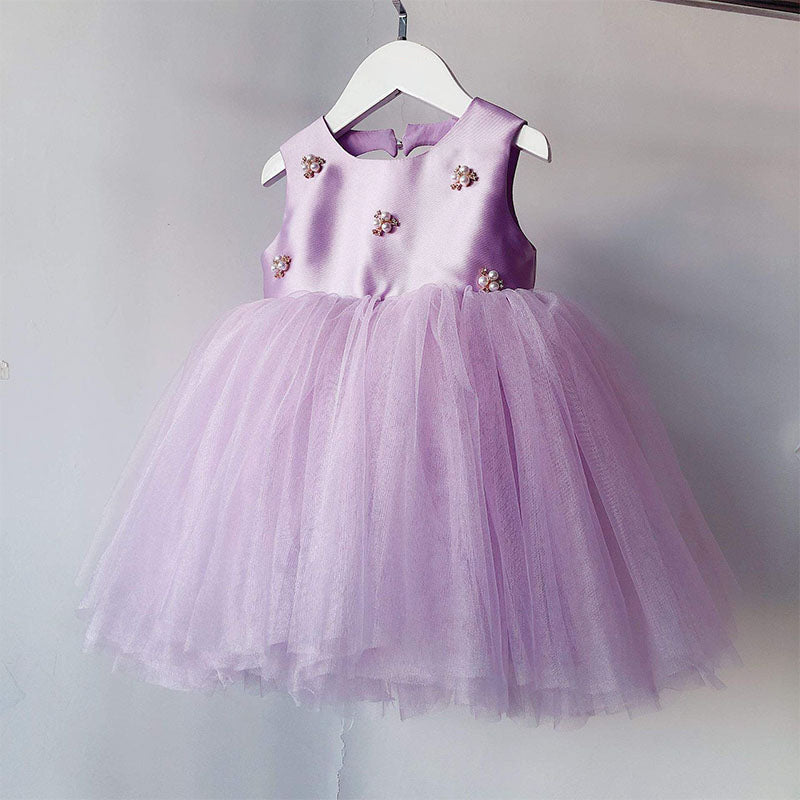Lilac Satin Tulle A-Line Flower Girl Dress Sleeveless Keyhole