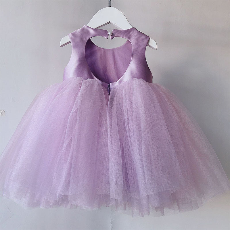 Lilac Satin Tulle A-Line Flower Girl Dress Sleeveless Keyhole