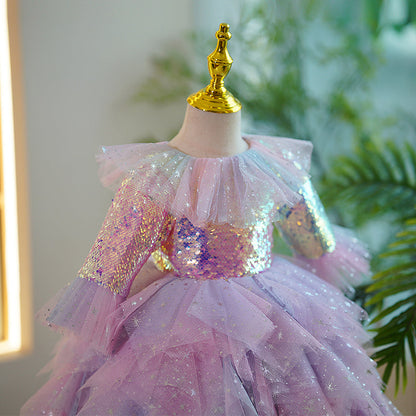 Lilac Sequin A-Line Flower Girl Dress with Bell Sleeves