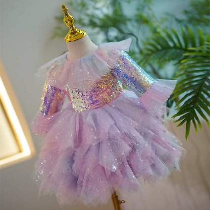 Lilac Sequin A-Line Flower Girl Dress with Bell Sleeves