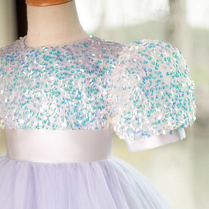 Lilac Sequin Tulle A-Line Flower Girl Dress Puff Sleeve Knee