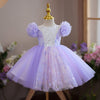 Lilac Sequin Tulle Princess Flower Girl Dress Lace Puff Sleeve