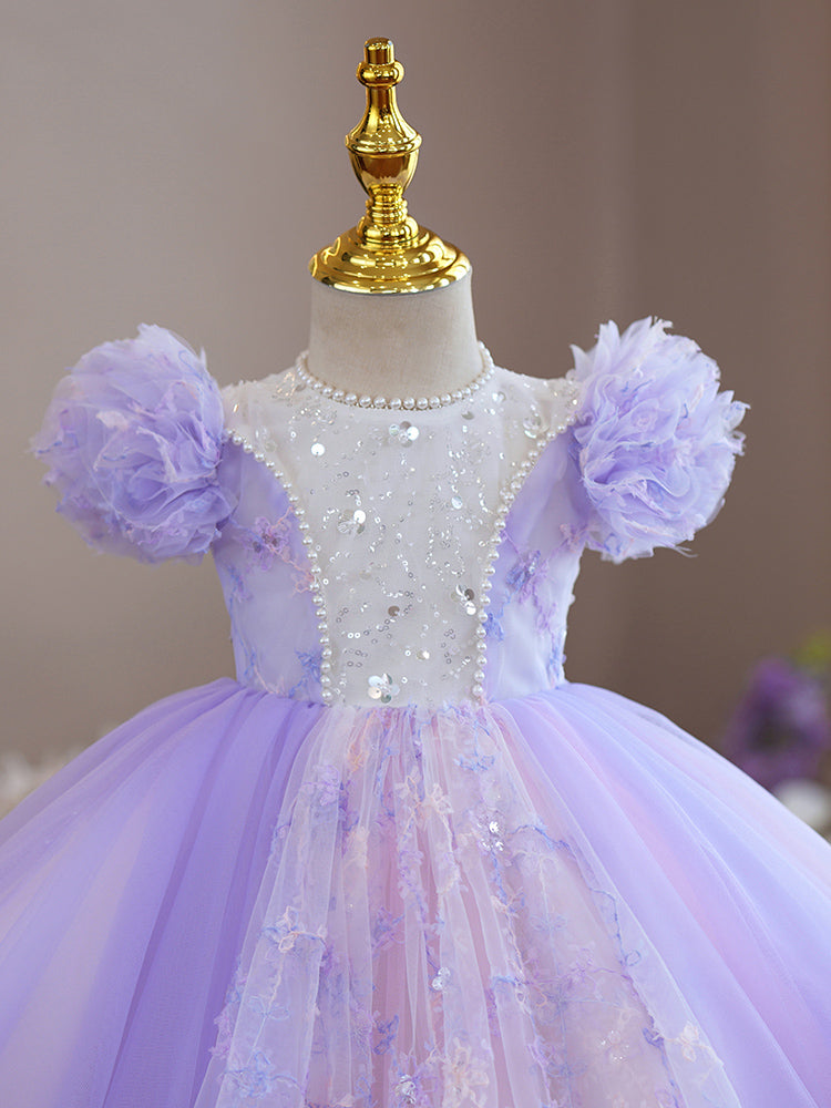 Lilac Sequin Tulle Princess Flower Girl Dress Lace Puff Sleeve
