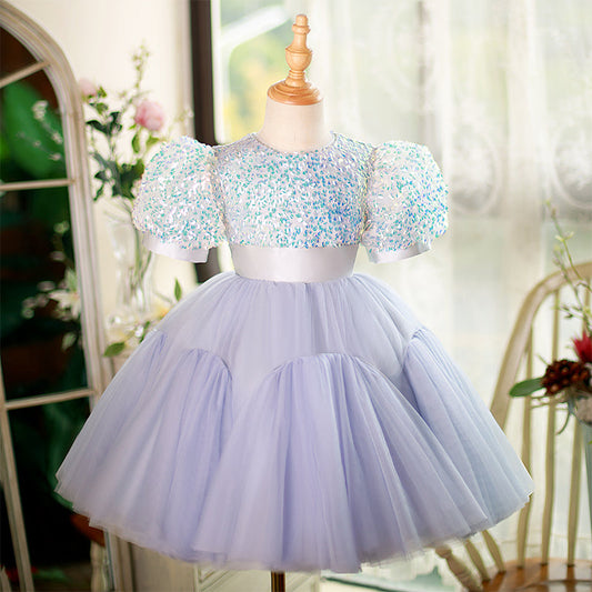 Lilac Sequin Tulle Princess Flower Girl Dress Puff Sleeves