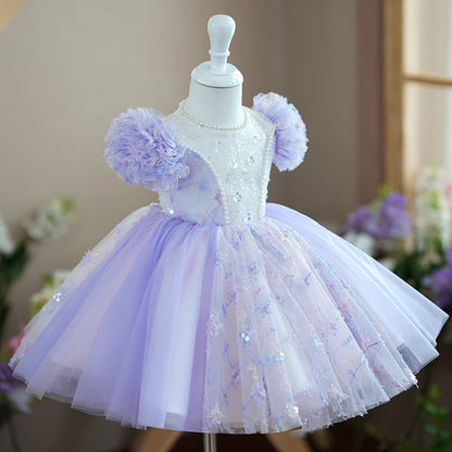 Lilac Tulle A-Line Flower Girl Dress Flower Beaded Knee