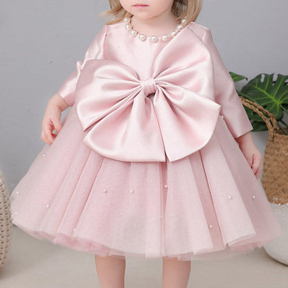 Long Sleeve A-Line Flower Girl Dress with Ruffles and Bow