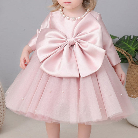 Long Sleeve A-Line Flower Girl Dress with Ruffles and Bow
