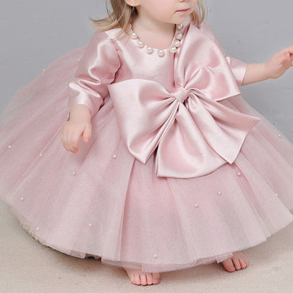 Long Sleeve A-Line Flower Girl Dress with Ruffles and Bow