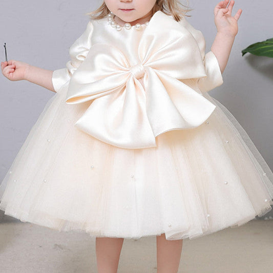 Long Sleeve A-Line Flower Girl Dress with Ruffles and Bow