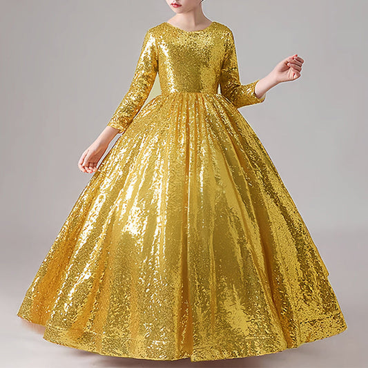 Long Sleeve Sequined Ball Gown Dress for Girls | Floor Length Party Dress