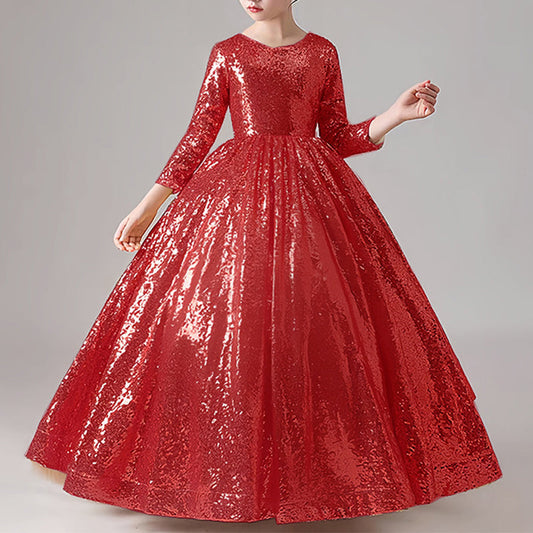 Long Sleeve Sequined Ball Gown Dress for Girls | Floor Length Party Dress