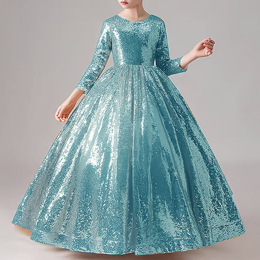 Long Sleeve Sequined Ball Gown Dress for Girls | Floor Length Party Dress