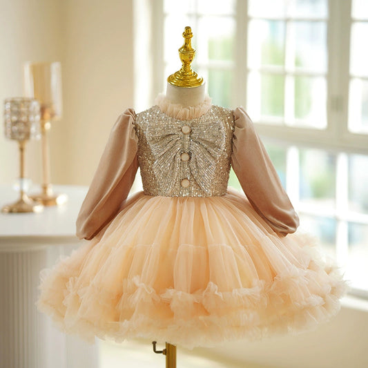 Girls' Long Sleeve Sequined Tulle Ball Gown Dress for Special Occasions