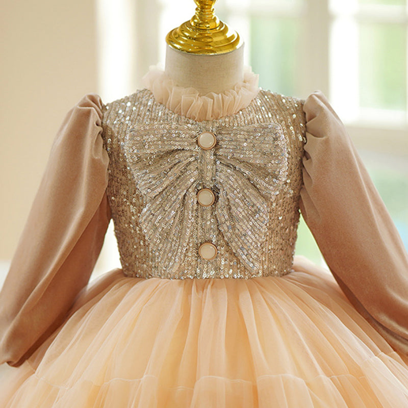 Girls' Long Sleeve Sequined Tulle Ball Gown Dress for Special Occasions