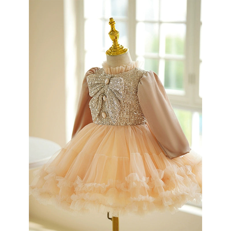Girls' Long Sleeve Sequined Tulle Ball Gown Dress for Special Occasions