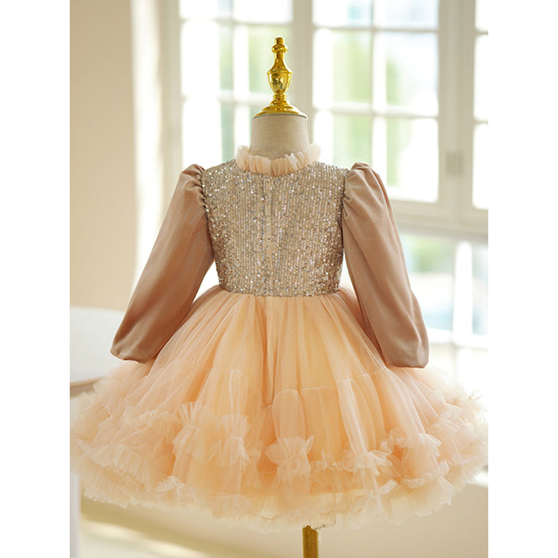 Girls' Long Sleeve Sequined Tulle Ball Gown Dress for Special Occasions
