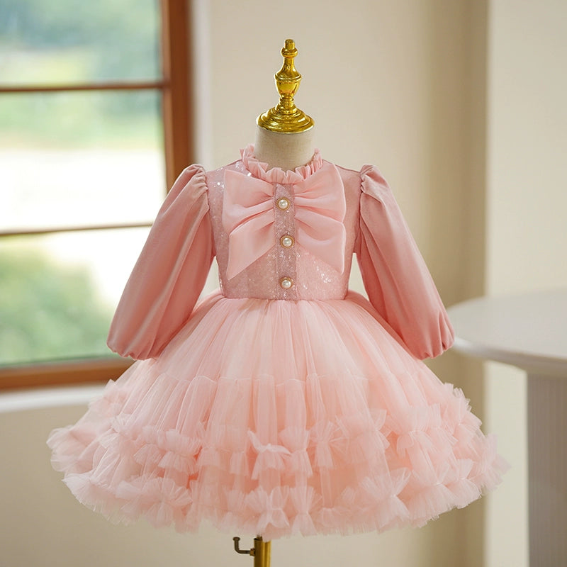 Girls' Long Sleeve Sequined Tulle Ball Gown Dress for Special Occasions
