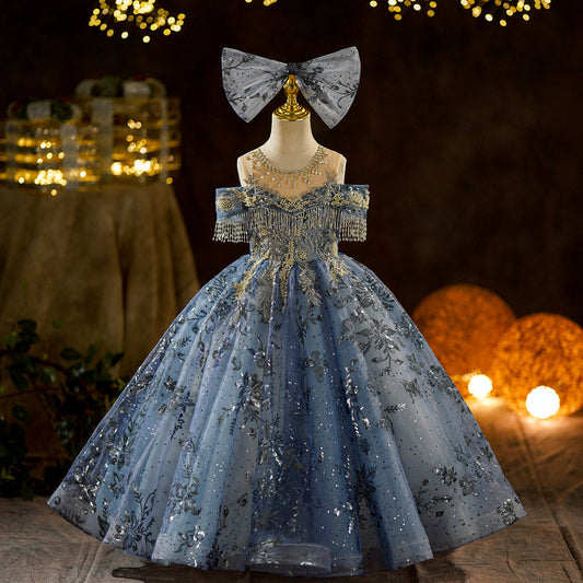 Luxury Blue Sequin Ball Gown Dress for Girls, Formal Party and Birthday Outfit